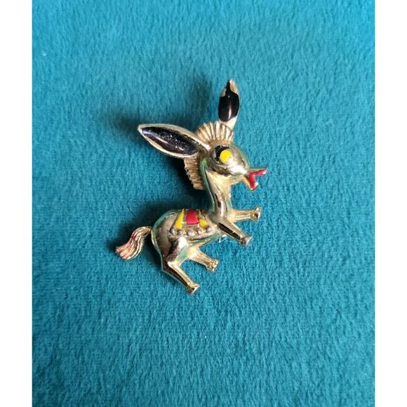 Vintage Donkey Brooch Pin Gold Tone Black Red Yellow Accent - Picture 1 of 4